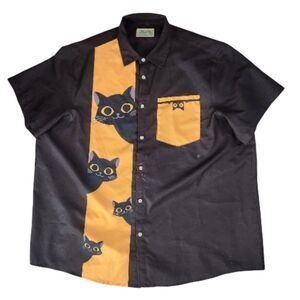 RoYaura 3XL Peeking Black Cat Bowling Shirt Kitsch Whimsigoth Gold Retro Woven